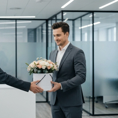 Business professional receiving a floral gift box, in a modern office setting, elegant and thoughtful, no text, no words, no typography, clean image