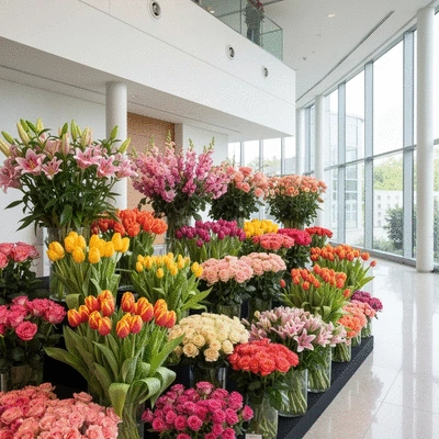 Vibrant seasonal flower display in a modern office lobby