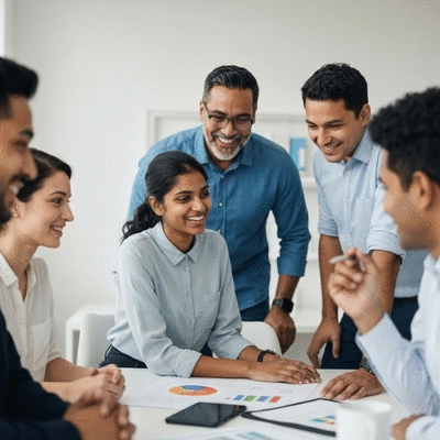 Diverse group of professionals collaborating on a sustainable project, smiling, in a modern office, symbolizing community impact