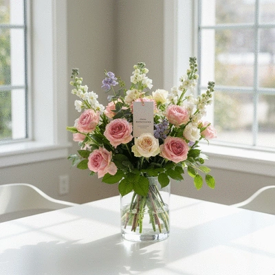 Elegant floral arrangement with a subtle real estate branding tag, on a modern white table, bright natural light, no text, no words, no typography, clean image