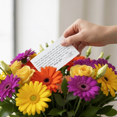 Close-up of a hand placing a personalized handwritten note into a bouquet of flowers, clean image, no text, no words, no typography