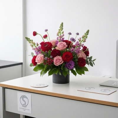 Elegant corporate floral gift arrangement on a modern office desk