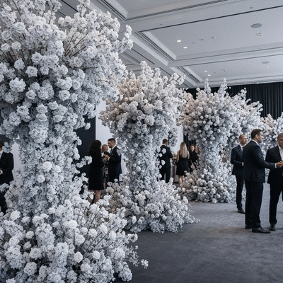 Elegant corporate event with large floral installations and monochrome palette