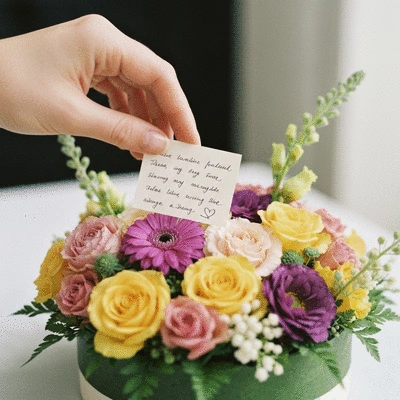 Close up of a hand placing a personalized note into a beautiful floral arrangement