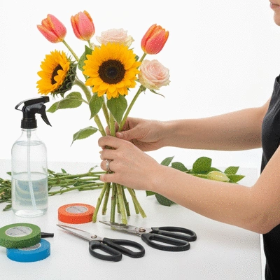 Close-up of a florist's hands arranging a bouquet of fresh, colorful flowers, with various tools and different flowers around, bright studio lighting, no text, no words, no typography, clean image