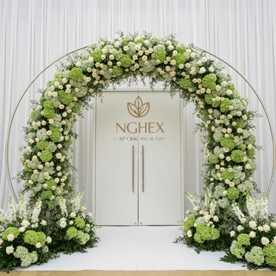 Luxurious floral archway at a corporate event entrance, featuring white and green flowers with subtle branding