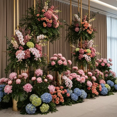 Elegant floral display at a corporate event, featuring a mix of colorful blooms and greenery