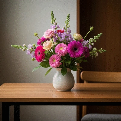 Elegant floral centerpiece on a modern table during a real estate closing, with documents and keys nearby