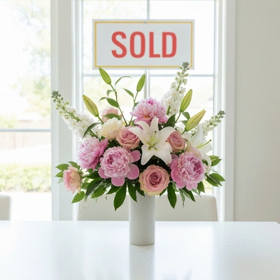 Elegant floral arrangement with a 'Sold' sign in the background, symbolizing a new home, no text, no words, no typography, clean image