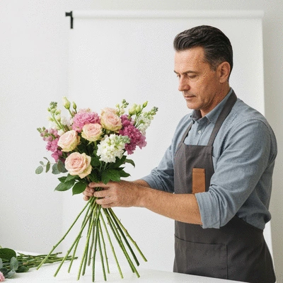 Professional florist arranging flowers for corporate client, bright studio
