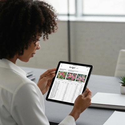 Event planner reviewing a budget spreadsheet with floral designs on a tablet, demonstrating cost management for floral installations