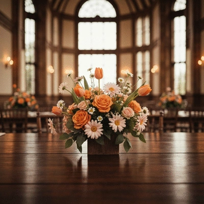 Elegant floral centerpiece on a corporate event table, reflecting brand colors